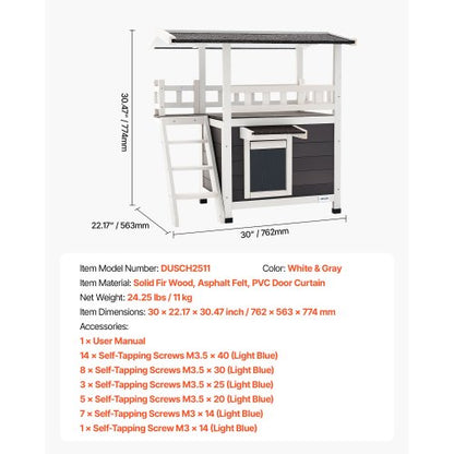 Utomhuskatthus, 2 våningar i trä med trappor och balkong, förhöjt katthus, rymligt rum, vattentäta kattlägenheter för inomhus- och utomhuskatter på vintern 76 x 56 x 77 cm |  EU