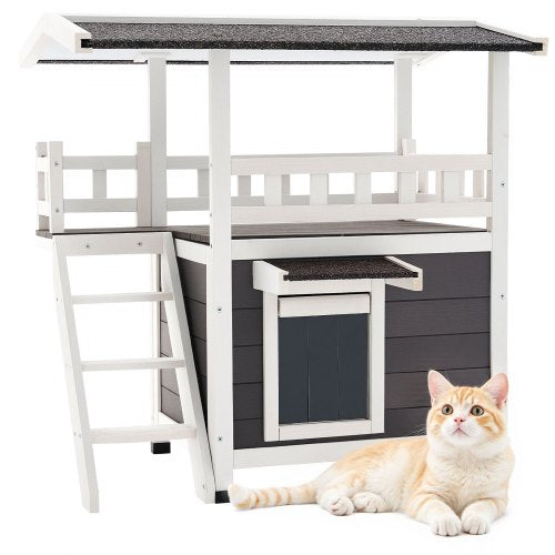 Outdoor Cat House, 2-Story Wooden Cat Shelter with Stairs & Balcony, Elevated Feral Kitty Shelter, Spacious Room, Waterproof Cats Condos for Indoor & Outdoor Cats in Winter 30 x 22 x 30 in