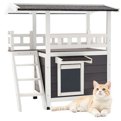 Outdoor Cat House, 2-Story Wooden Cat Shelter with Stairs & Balcony, Elevated Feral Kitty Shelter, Spacious Room, Waterproof Cats Condos for Indoor & Outdoor Cats in Winter 30 x 22 x 30 in