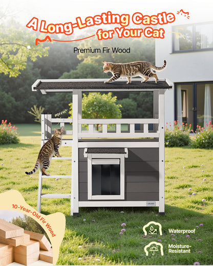 Outdoor Cat House, 2-Story Wooden Cat Shelter with Stairs & Balcony, Elevated Feral Kitty Shelter, Spacious Room, Waterproof Cats Condos for Indoor & Outdoor Cats in Winter 30 x 22 x 30 in