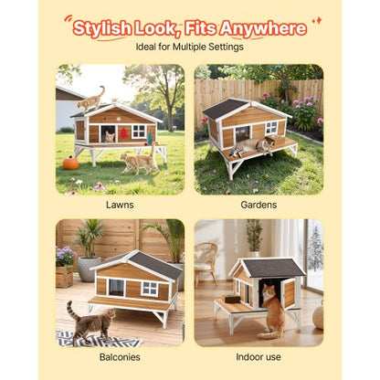 Isolerat Katthus, Runtgående Skumisolering Upphöjt Kattskydd, Träskydd för Vilda Katter med Stor Plattform, Vattentäta Kattlägenheter för Inne- och Utekatter på Vintern 110 x 85 x 78 cm |  EU