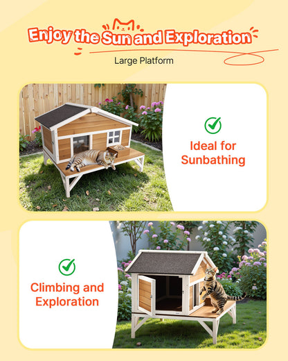 Insulated Cat House, All-Around Foam Insulation Elevated Cat Shelter, Wooden Feral Kitty Shelter with Large Platform, Waterproof Cats Condos for Indoor & Outdoor Cats in Winter 43.5x33.5x31 in