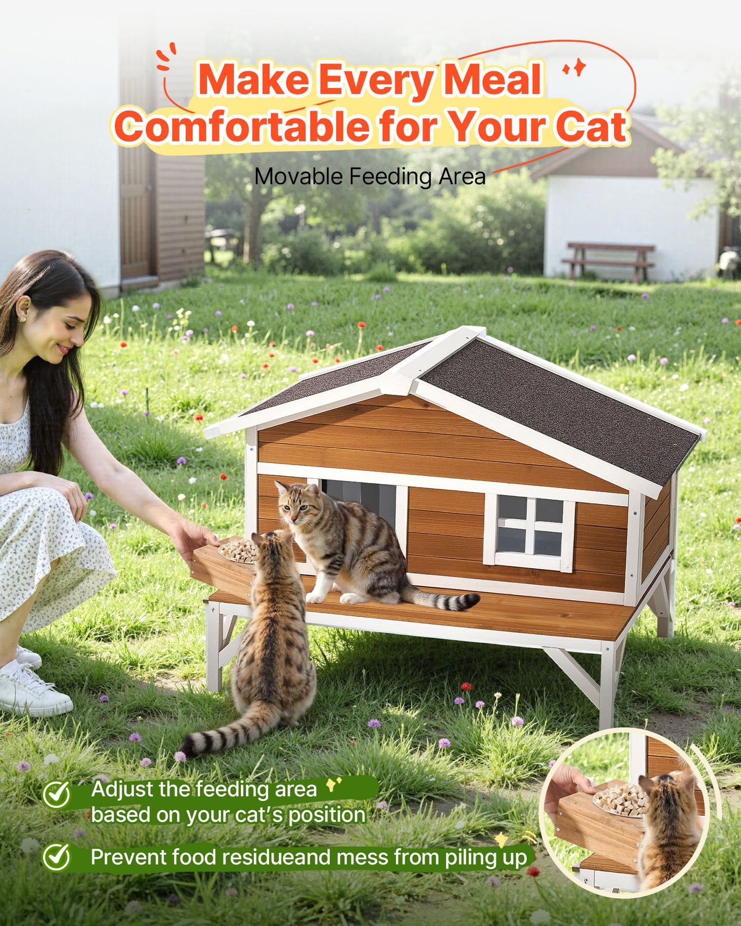 Insulated Cat House, All-Around Foam Insulation Elevated Cat Shelter, Wooden Feral Kitty Shelter with Large Platform, Waterproof Cats Condos for Indoor & Outdoor Cats in Winter 43.5x33.5x31 in