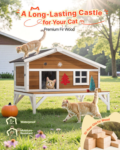 Insulated Cat House, All-Around Foam Insulation Elevated Cat Shelter, Wooden Feral Kitty Shelter with Large Platform, Waterproof Cats Condos for Indoor & Outdoor Cats in Winter 43.5x33.5x31 in