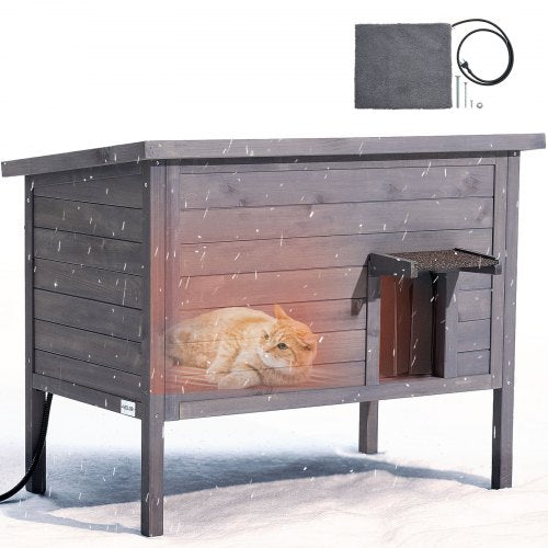 Heated Cat House, Insulated Wooden Cat House for Outdoor Cats, Waterproof Feral Kitty Shelter with Heating Pad, PVC Flap Door & Openable Asphalt Roof for 1-3 Cats in Winter, 34 x 21 x 27 in