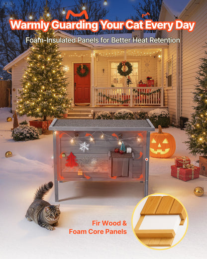 Heated Cat House, Insulated Wooden Cat House for Outdoor Cats, Waterproof Feral Kitty Shelter with Heating Pad, PVC Flap Door & Openable Asphalt Roof for 1-3 Cats in Winter, 34 x 21 x 27 in