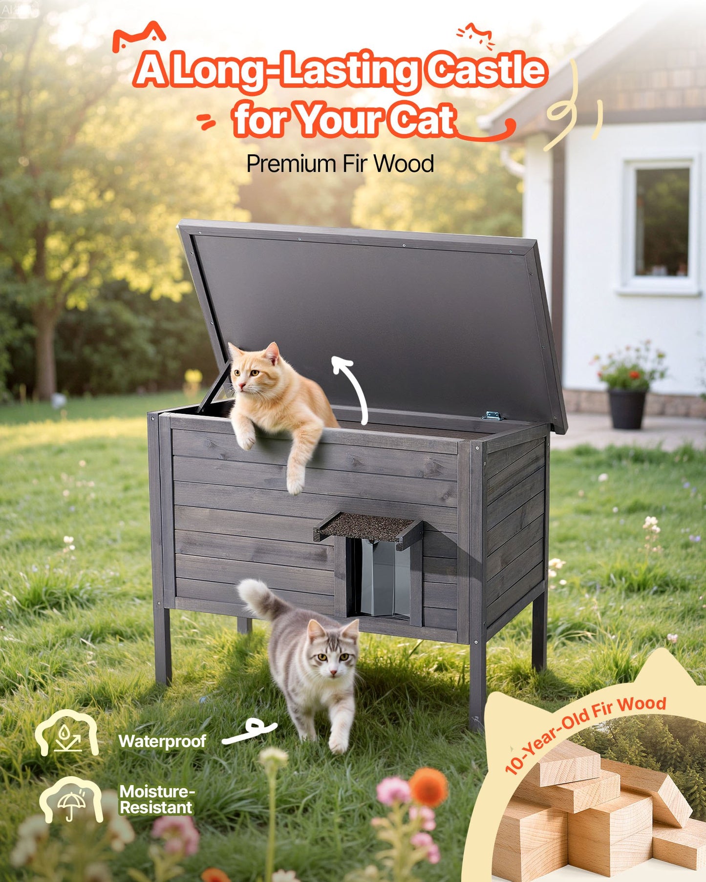 Heated Cat House, Insulated Wooden Cat House for Outdoor Cats, Waterproof Feral Kitty Shelter with Heating Pad, PVC Flap Door & Openable Asphalt Roof for 1-3 Cats in Winter, 34 x 21 x 27 in
