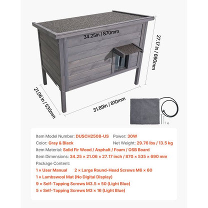 Uppvärmt katthus, isolerat katthus i trä för utomhuskatter, vattentätt skydd för förvildade katter med värmedyna, PVC-dörr och öppningsbart asfalttak för 1-3 katter på vintern, 87 x 53,5 x 69 cm |  EU