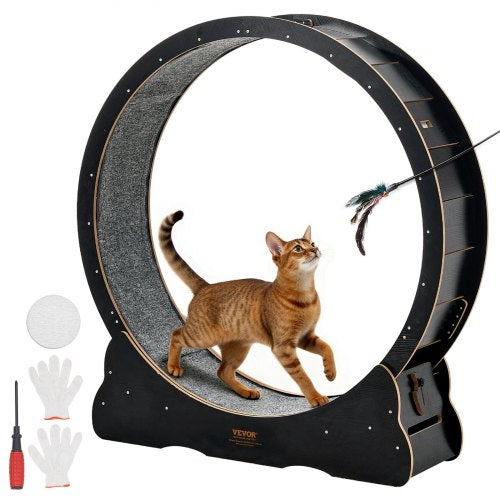 Cat Exercise Wheel, 48 in Wooden Cat Running Wheel for Indoor Cats up to 28 lbs, Cats Treadmill with Carpeted Runway & Locking Mechanism, Quiet Kitten Sport Toys for Pets Fitness & Health, Black