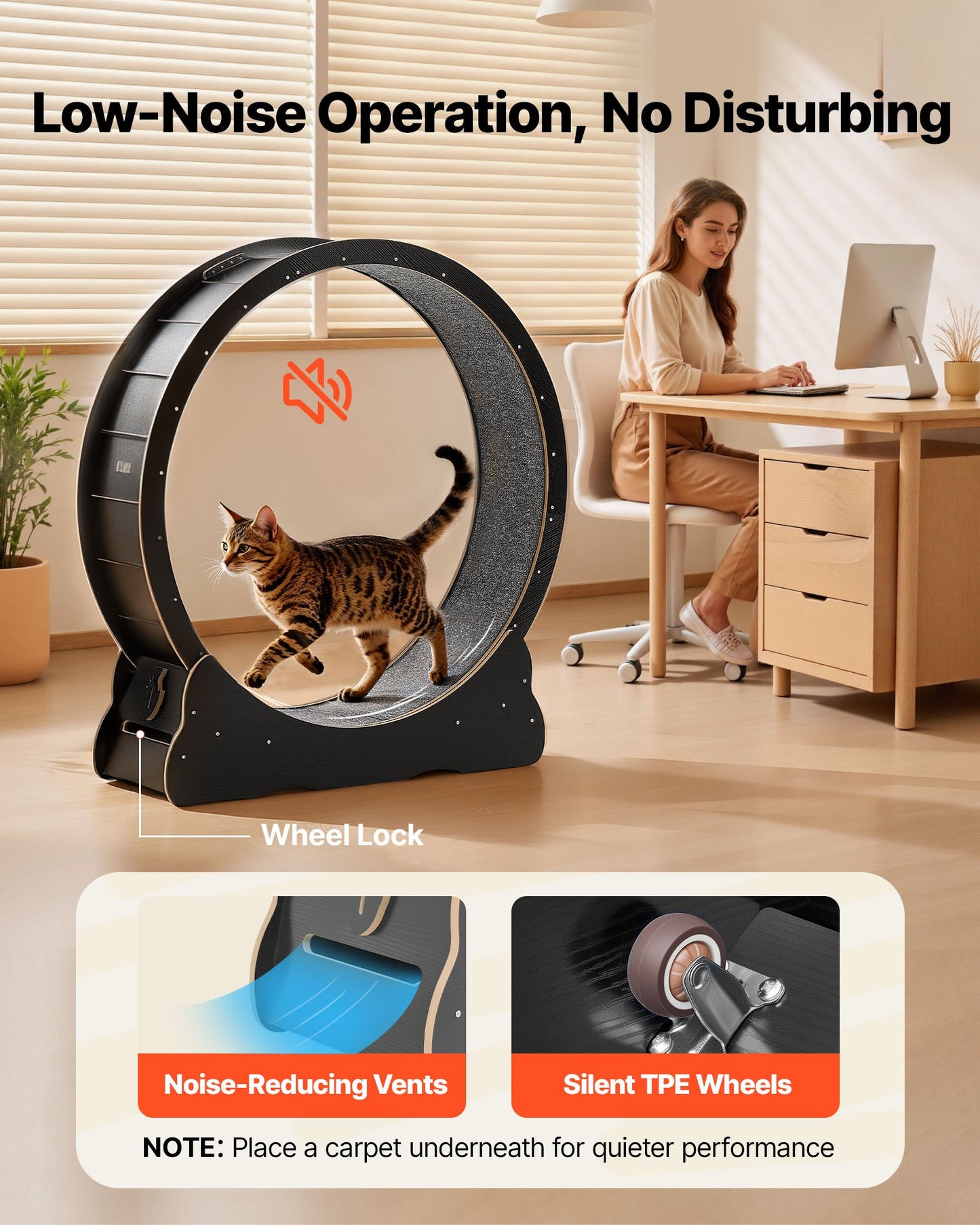 Cat Exercise Wheel, 48 in Wooden Cat Running Wheel for Indoor Cats up to 28 lbs, Cats Treadmill with Carpeted Runway & Locking Mechanism, Quiet Kitten Sport Toys for Pets Fitness & Health, Black