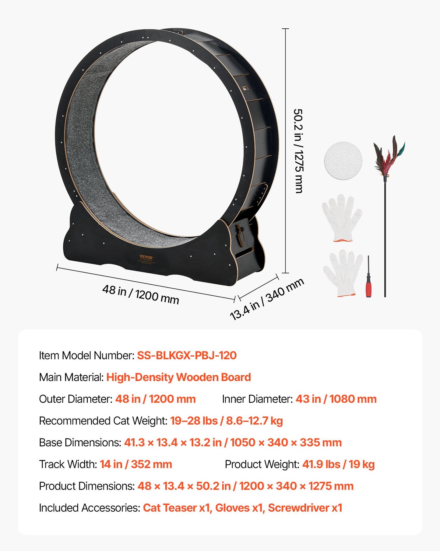 Cat Exercise Wheel, 48 in Wooden Cat Running Wheel for Indoor Cats up to 28 lbs, Cats Treadmill with Carpeted Runway & Locking Mechanism, Quiet Kitten Sport Toys for Pets Fitness & Health, Black