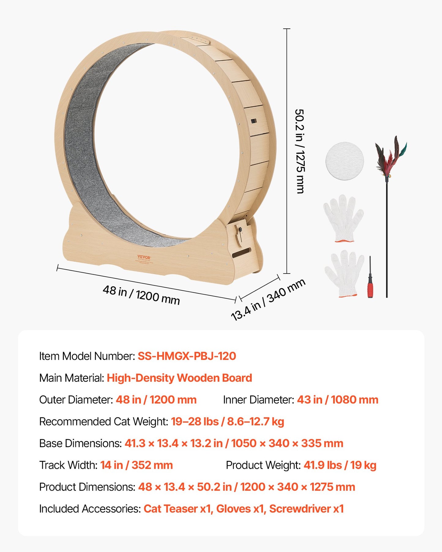 Cat Exercise Wheel, 48 in Wooden Cat Running Wheel for Indoor Cats up to 28 lbs, Cats Treadmill with Carpeted Runway & Locking Mechanism, Quiet Roller Kitten Sport Toys for Pets Fitness & Health