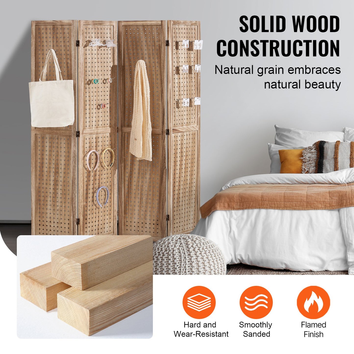 Wood Room Divider, 4 Panel Wood Folding Privacy Screen, 66.9 Inches Tall Indoor Carved Partition Divider, Portable Decoration Screen, for Room Separation, Home, Office, Restaurant & Bedroom