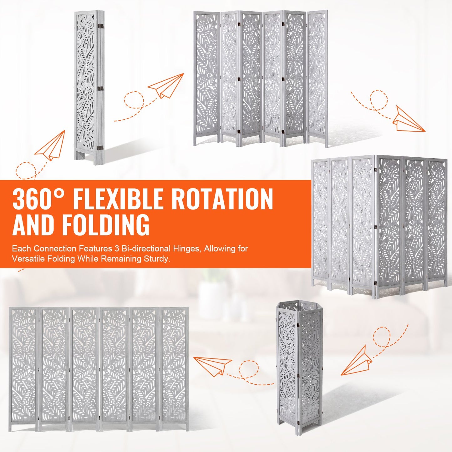 Wood Room Divider, 6 Panel Wood Folding Privacy Screen, 66.9 Inches Tall Indoor Carved Partition Divider, Portable Decoration Screen, for Room Separation, Home, Office, Restaurant & Bedroom