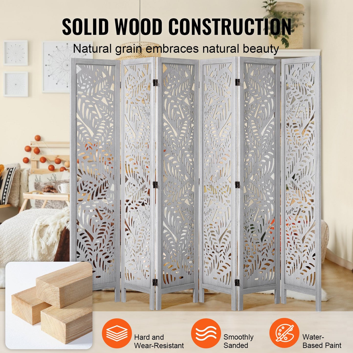 Wood Room Divider, 6 Panel Wood Folding Privacy Screen, 66.9 Inches Tall Indoor Carved Partition Divider, Portable Decoration Screen, for Room Separation, Home, Office, Restaurant & Bedroom