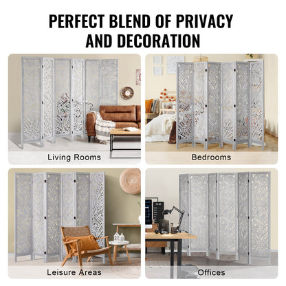 Wood Room Divider, 6 Panel Wood Folding Privacy Screen, 66.9 Inches Tall Indoor Carved Partition Divider, Portable Decoration Screen, for Room Separation, Home, Office, Restaurant & Bedroom