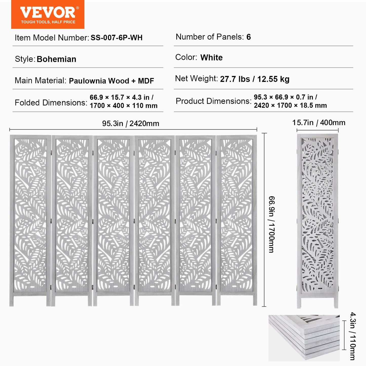 Wood Room Divider, 6 Panel Wood Folding Privacy Screen, 66.9 Inches Tall Indoor Carved Partition Divider, Portable Decoration Screen, for Room Separation, Home, Office, Restaurant & Bedroom