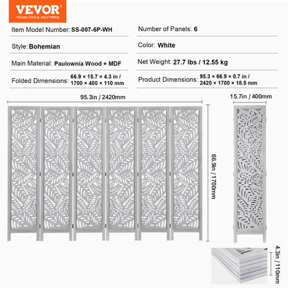 Wood Room Divider, 6 Panel Wood Folding Privacy Screen, 66.9 Inches Tall Indoor Carved Partition Divider, Portable Decoration Screen, for Room Separation, Home, Office, Restaurant & Bedroom
