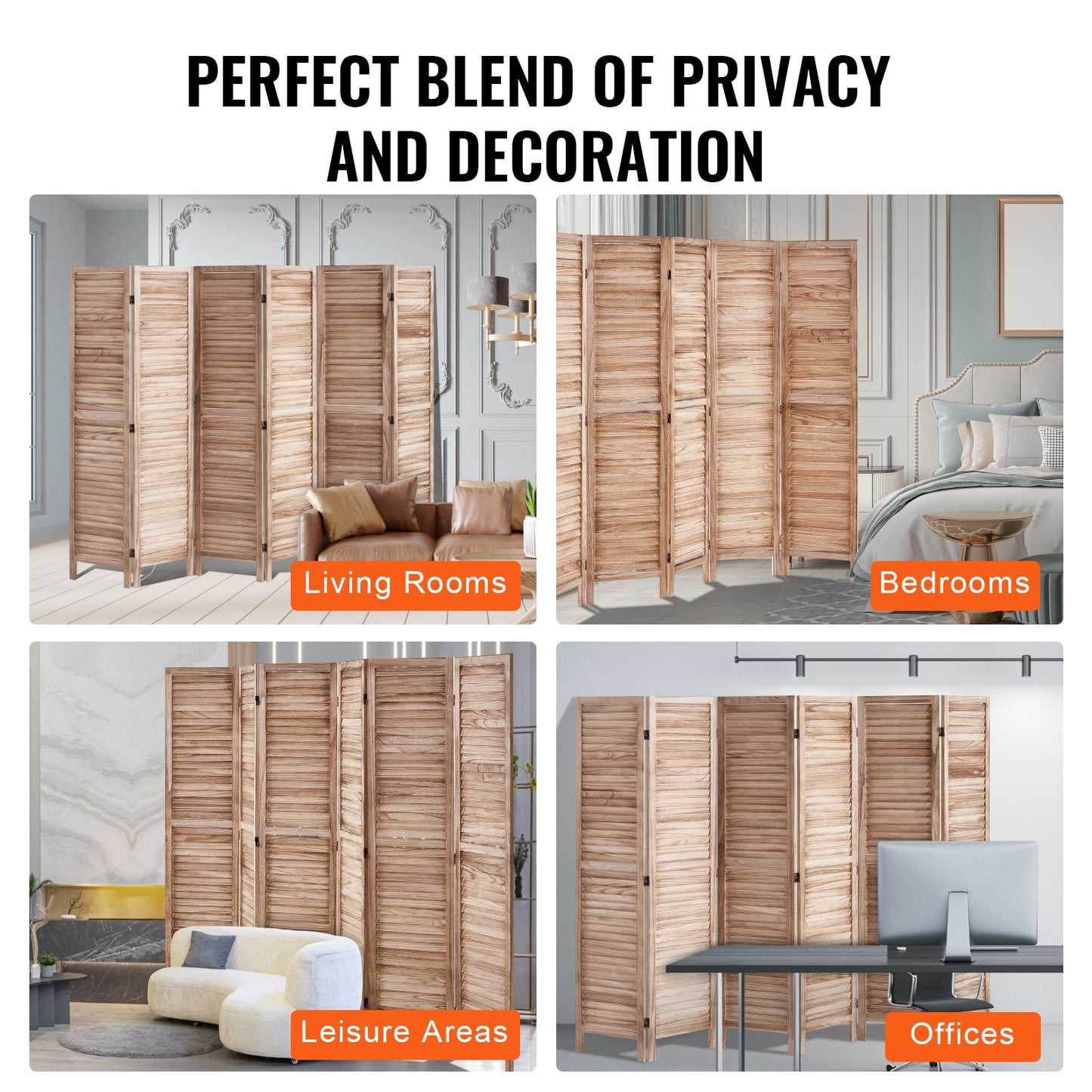 Wood Room Divider, 6 Panel Wood Folding Privacy Screen, 66.9 Inches Tall Indoor Louvered Partition Divider, Portable Decoration Screen, for Room Separation, Home, Office, Restaurant & Bedroom