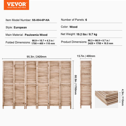 Wood Room Divider, 6 Panel Wood Folding Privacy Screen, 66.9 Inches Tall Indoor Louvered Partition Divider, Portable Decoration Screen, for Room Separation, Home, Office, Restaurant & Bedroom