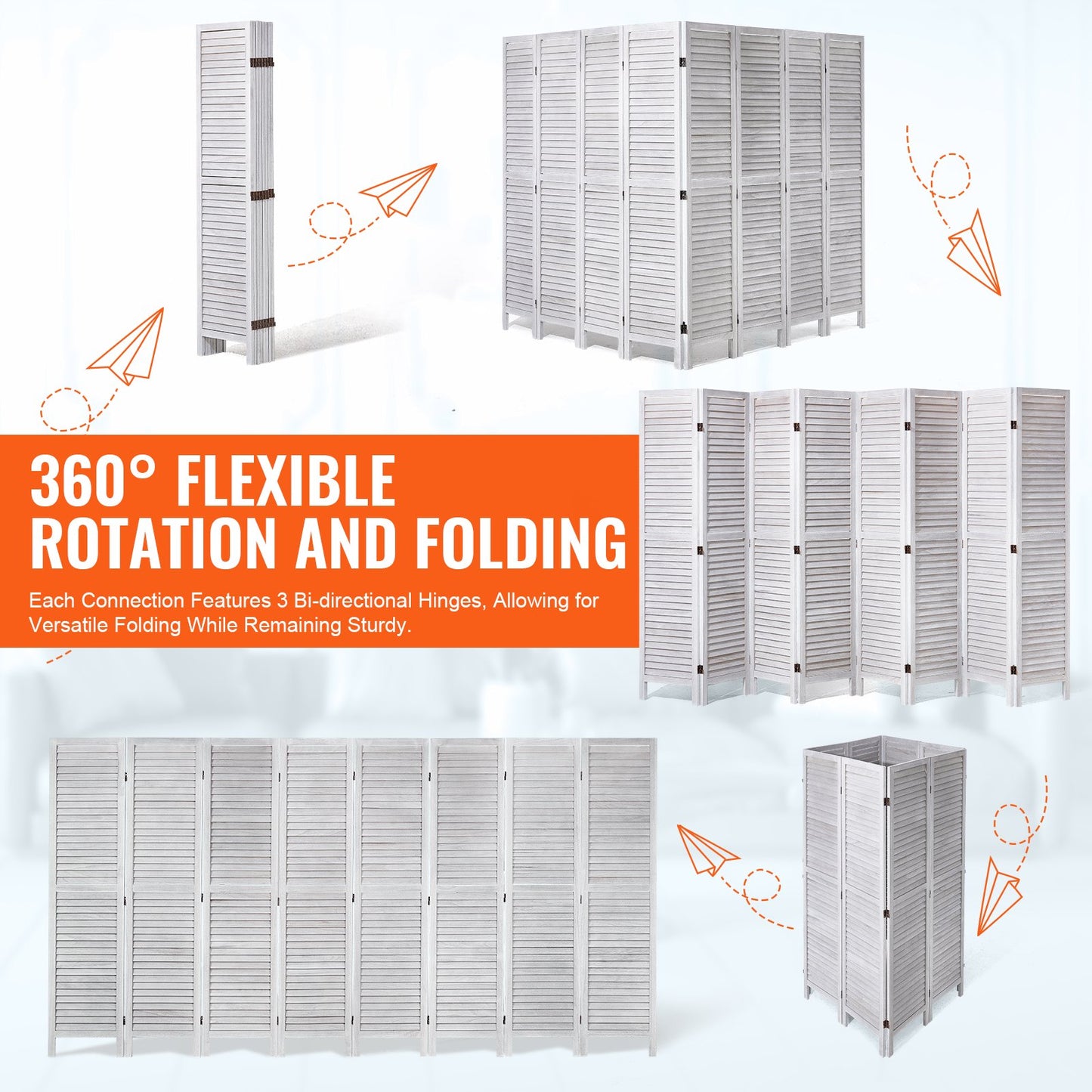 Wood Room Divider, 8 Panel Wood Folding Privacy Screen, 66.9 Inches Tall Indoor Louvered Wooden Partition, Portable Decoration Screen, for Room Separation, Home, Office, Restaurant & Bedroom