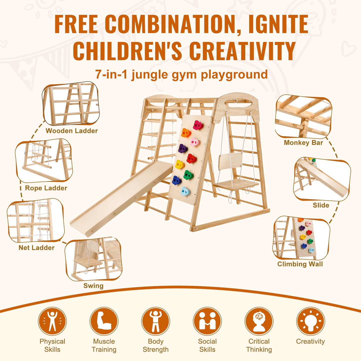 Indoor Jungle Gym, 7-in-1 Toddler Indoor Playground, Wooden Toddler Climbing Toys Indoor with Wood & Rope Ladder, Net Ladder, Swing, Monkey Bar, Slide, Climbing Wall, 43 x 47.2 x 47in
