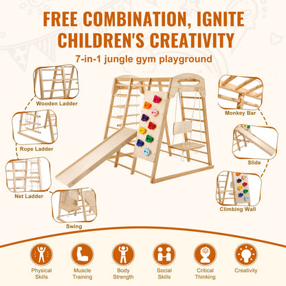 Indoor Jungle Gym, 7-in-1 Toddler Indoor Playground, Wooden Toddler Climbing Toys Indoor with Wood & Rope Ladder, Net Ladder, Swing, Monkey Bar, Slide, Climbing Wall, 43 x 47.2 x 47in