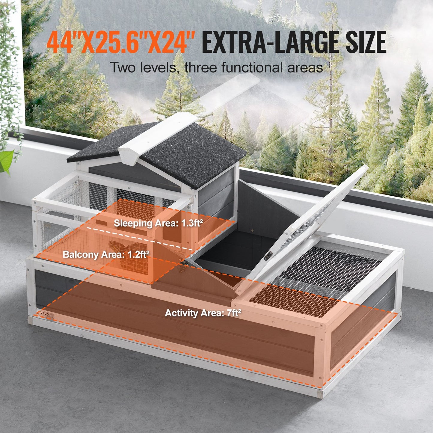 3-Room Tortoise House,Tortoise Habitat with Balcony & 2 Stories, Wooden Tortoise Enclosure Indoor & Outdoor with Ramp, Tray, Openable Roof, Large Reptile Cage, 44" x 25.6"x 24"
