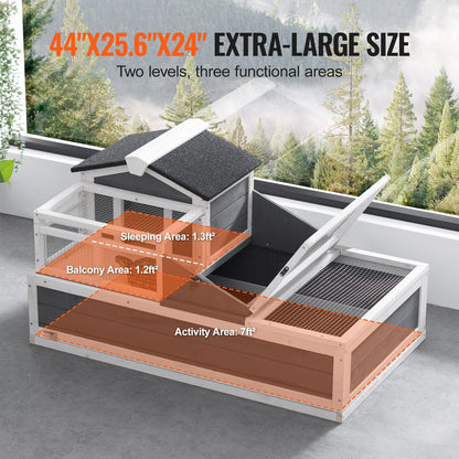 3-Room Tortoise House,Tortoise Habitat with Balcony & 2 Stories, Wooden Tortoise Enclosure Indoor & Outdoor with Ramp, Tray, Openable Roof, Large Reptile Cage, 44" x 25.6"x 24"