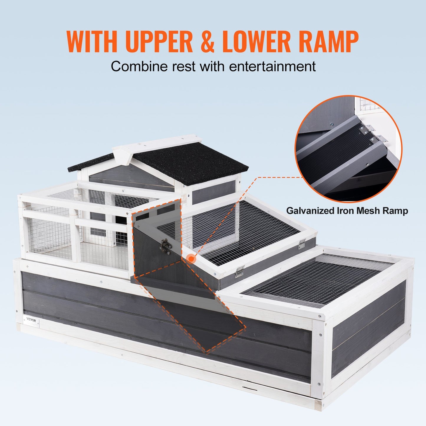 3-Room Tortoise House,Tortoise Habitat with Balcony & 2 Stories, Wooden Tortoise Enclosure Indoor & Outdoor with Ramp, Tray, Openable Roof, Large Reptile Cage, 44" x 25.6"x 24"