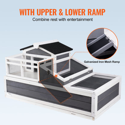3-Room Tortoise House,Tortoise Habitat with Balcony & 2 Stories, Wooden Tortoise Enclosure Indoor & Outdoor with Ramp, Tray, Openable Roof, Large Reptile Cage, 44" x 25.6"x 24"
