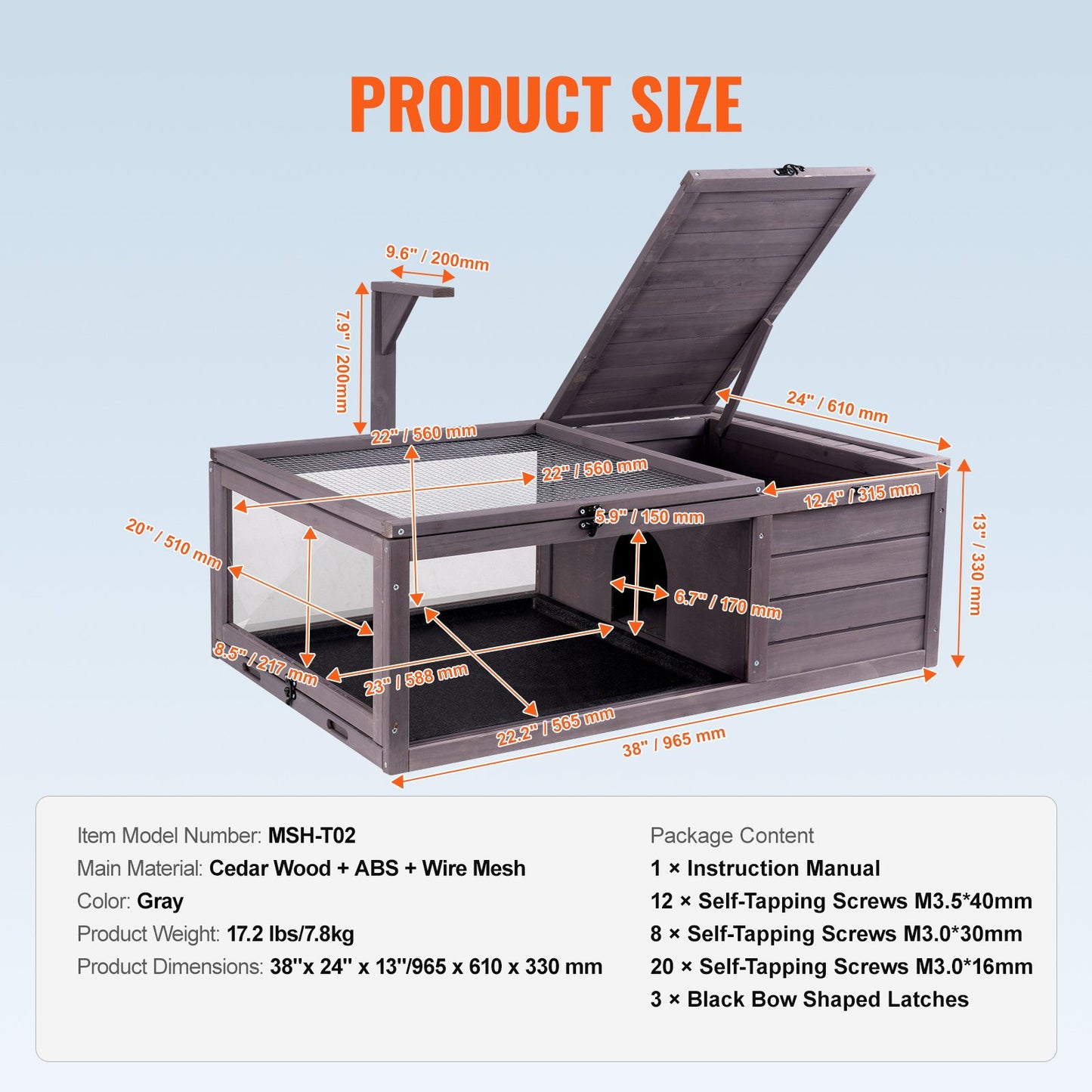 Tortoise Habitat, Wooden Tortoise House Indoor & Outdoor, Tortoise Enclosure with Hanging Light Stand, 2-Room Reptile Enclosure Small Animal Cage for Gecko, Lizard, Snake 38 x24 x13 inch