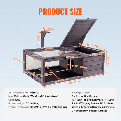 Tortoise Habitat, Wooden Tortoise House Indoor & Outdoor, Tortoise Enclosure with Hanging Light Stand, 2-Room Reptile Enclosure Small Animal Cage for Gecko, Lizard, Snake 38 x24 x13 inch