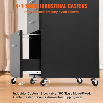 Aktenschrank, Aktenschrank aus Holz mit 3 Schubladen, abschließbarer Büroschrank für Letter/A4-Format, Aktenschrank mit 5 Rollen für das Home Office, Schwarz