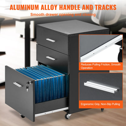 Aktenschrank, Aktenschrank aus Holz mit 3 Schubladen, abschließbarer Büroschrank für Letter/A4-Format, Aktenschrank mit 5 Rollen für das Home Office, Schwarz