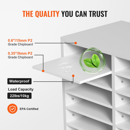 Literature Organizers, 12 Compartment Office Mailbox with Adjustable Shelves, Wooden Literature Sorter 20.4x12x16.1 Inch for Office, Home, Classroom, Mailroom Organization, EPA Certified White