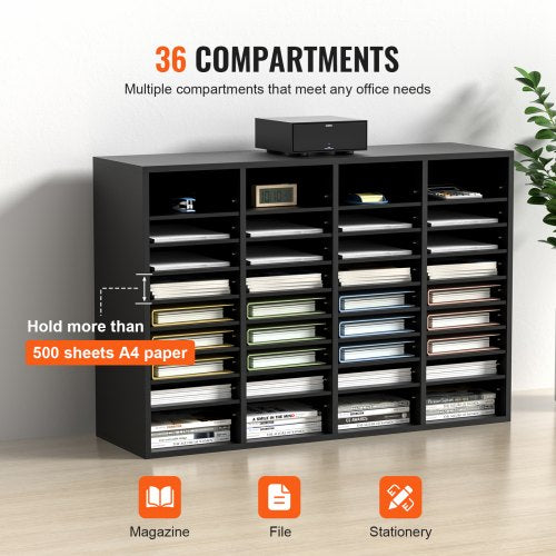 Wood Literature Organizer, 36 Compartments, File Sorter with Removable Shelves, Mailboxes for Office Home Classroom Mailroom Organization, EPA Certified, Black | EU