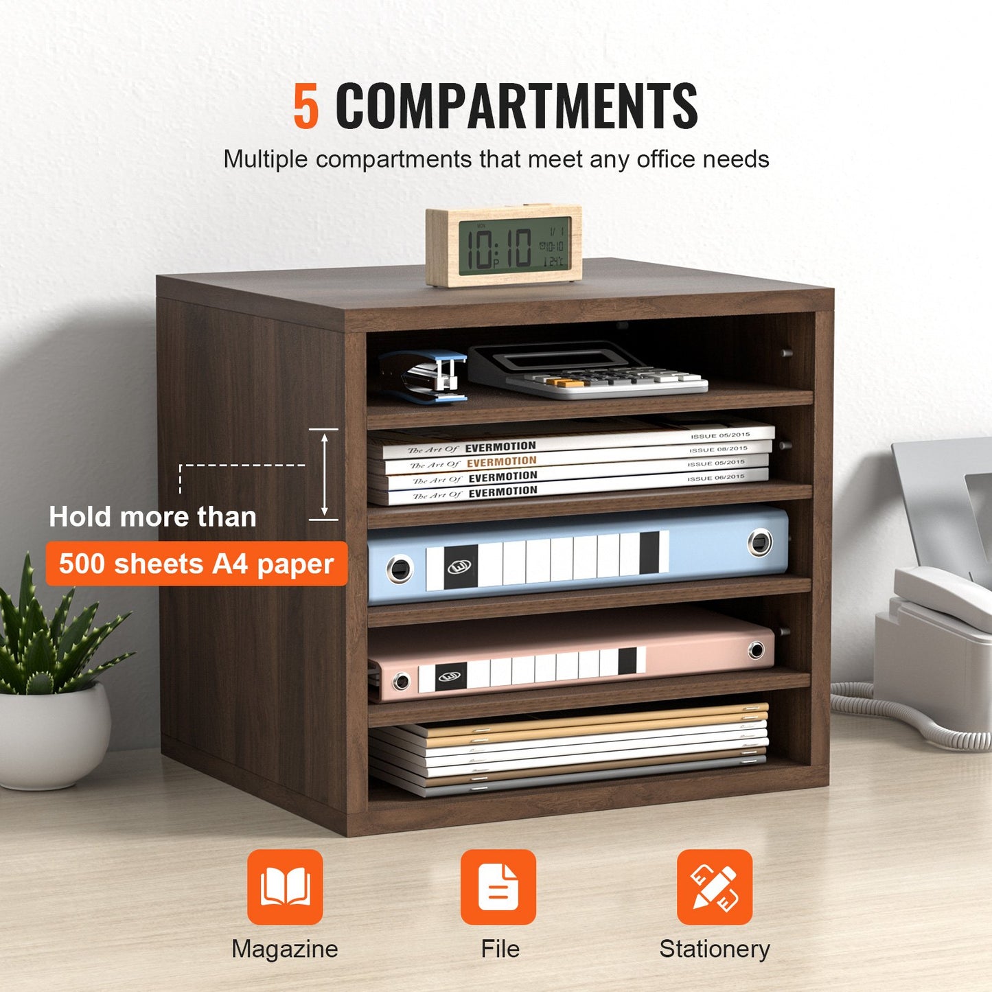 Literature Organizers, 5 Compartments Office Mailbox with Adjustable Shelves, Wood literature sorter 13.9x12x13 inches for Office, Home, Classroom, Mailrooms Organization, EPA Certified, Brown