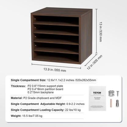 Literature Organizers, 5 Compartments Office Mailbox with Adjustable Shelves, Wood literature sorter 13.9x12x13 inches for Office, Home, Classroom, Mailrooms Organization, EPA Certified, Brown