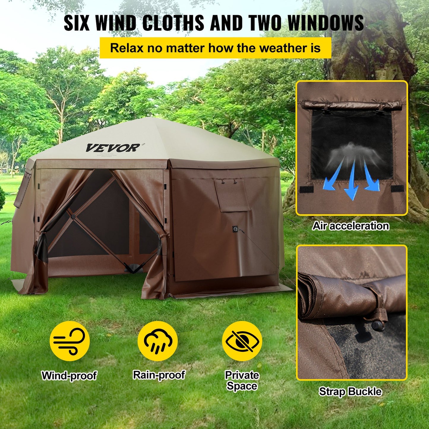Gazebo Screen Tent, 10 x 10 ft, 6 Sided Pop-up Camping Canopy Shelter Tent with Mesh Windows, Portable Carry Bag, Ground Stakes, Large Shade Tents for Outdoor Camping, Lawn and Backyard