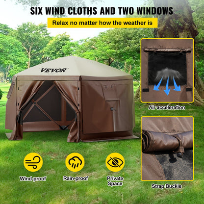Gazebo Screen Tent, 10 x 10 ft, 6 Sided Pop-up Camping Canopy Shelter Tent with Mesh Windows, Portable Carry Bag, Ground Stakes, Large Shade Tents for Outdoor Camping, Lawn and Backyard