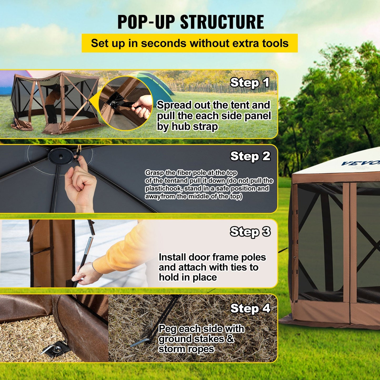 Gazebo Screen Tent, 10 x 10 ft, 6 Sided Pop-up Camping Canopy Shelter Tent with Mesh Windows, Portable Carry Bag, Ground Stakes, Large Shade Tents for Outdoor Camping, Lawn and Backyard