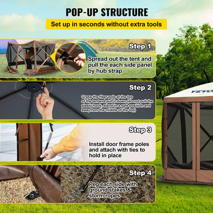 Gazebo Screen Tent, 10 x 10 ft, 6 Sided Pop-up Camping Canopy Shelter Tent with Mesh Windows, Portable Carry Bag, Ground Stakes, Large Shade Tents for Outdoor Camping, Lawn and Backyard