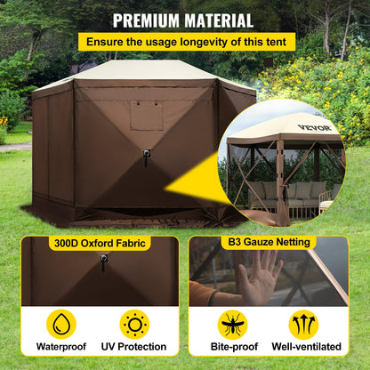 Gazebo Screen Tent, 10 x 10 ft, 6 Sided Pop-up Camping Canopy Shelter Tent with Mesh Windows, Portable Carry Bag, Ground Stakes, Large Shade Tents for Outdoor Camping, Lawn and Backyard