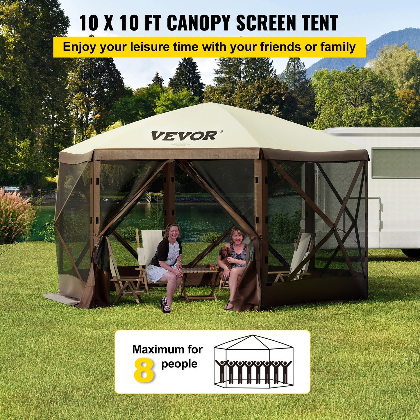 Gazebo Screen Tent, 10 x 10 ft, 6-Sided Pop-Up Camping Shelter Tent with Mesh Window, Portable Carry Bag, Ground Stakes, Large Shade Tents for Outdoor Camping, Lawn and Backyard