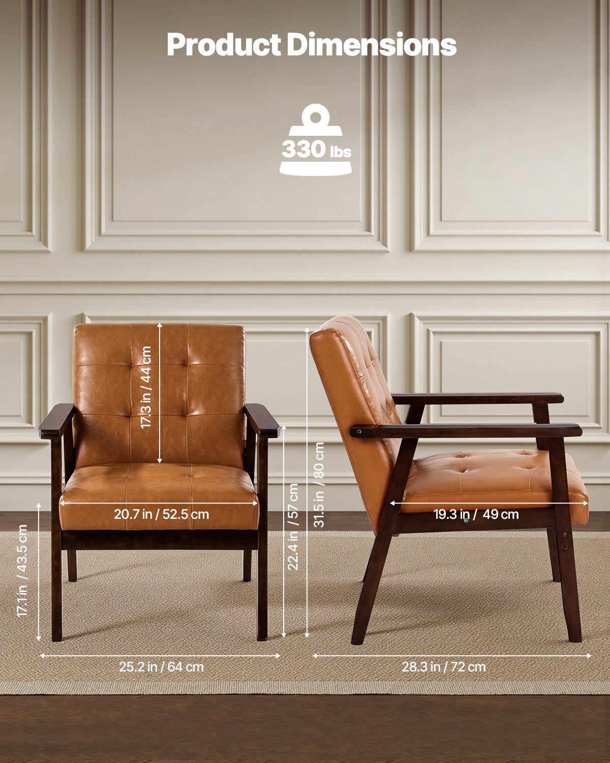 Accent Chair, Mid Century Modern Armchair with Solid Wood Frame and Non-Slip Legs, Upholstered Leisure Chair with PU Leather and Soft Cushion, for Living Room, Bedroom, Office
