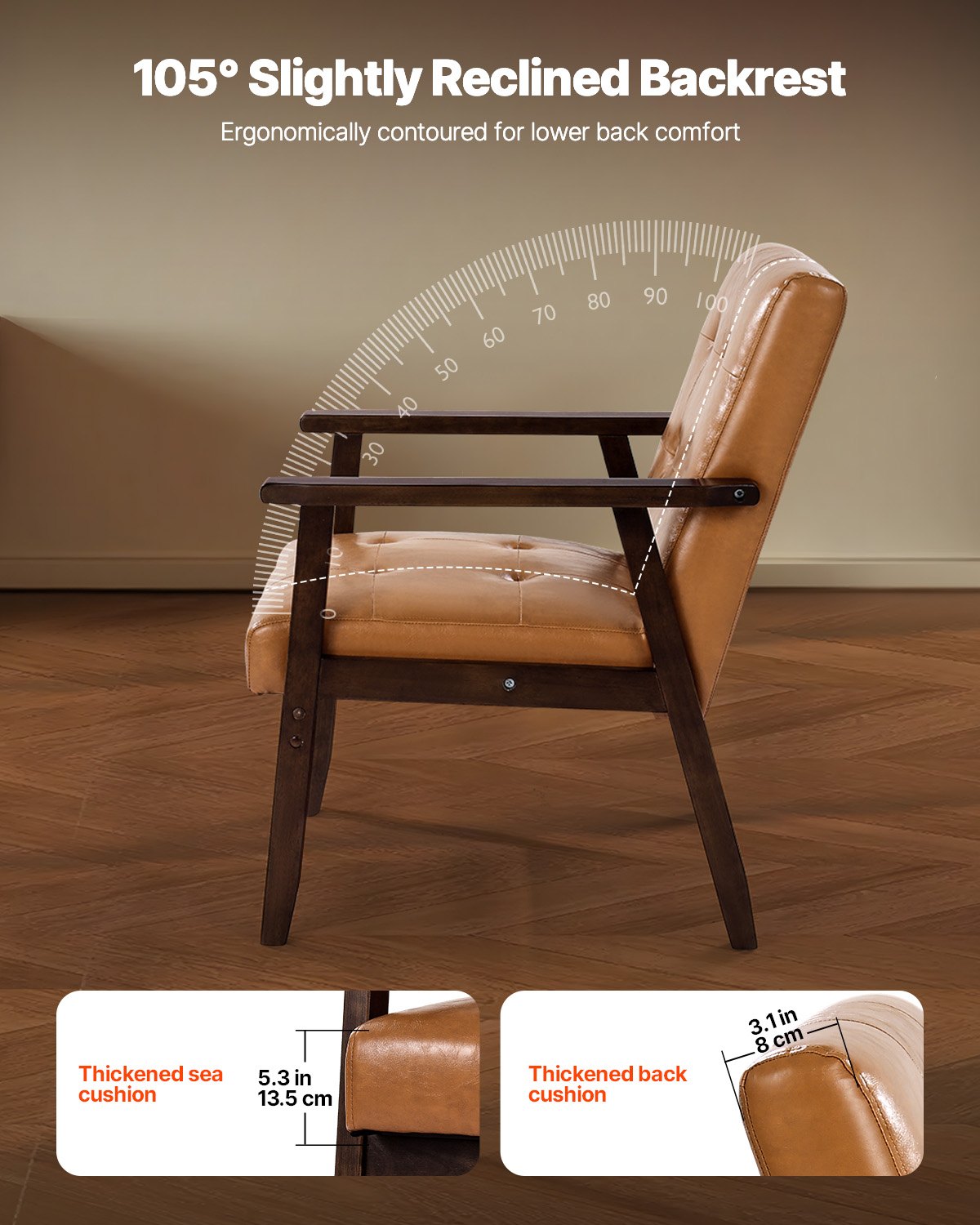 Accent Chair, Mid Century Modern Armchair with Solid Wood Frame and Non-Slip Legs, Upholstered Leisure Chair with PU Leather and Soft Cushion, for Living Room, Bedroom, Office