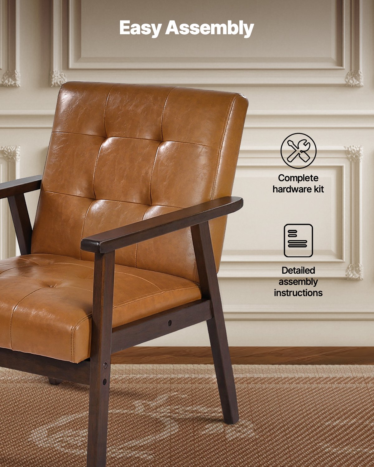 Accent Chair, Mid Century Modern Armchair with Solid Wood Frame and Non-Slip Legs, Upholstered Leisure Chair with PU Leather and Soft Cushion, for Living Room, Bedroom, Office