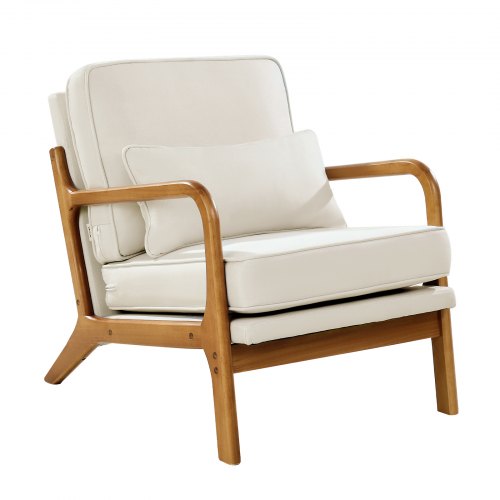 Accent Chair, Mid Century Modern Armchair with Solid Wood Frame and Non-Slip Legs, Upholstered Leisure Chair with Linen Fabric and 5.7 in Thickened Cushion, for Living Room, Bedroom, Office