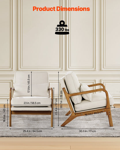 Accent Chair, Mid Century Modern Armchair with Solid Wood Frame and Non-Slip Legs, Upholstered Leisure Chair with Linen Fabric and 5.7 in Thickened Cushion, for Living Room, Bedroom, Office